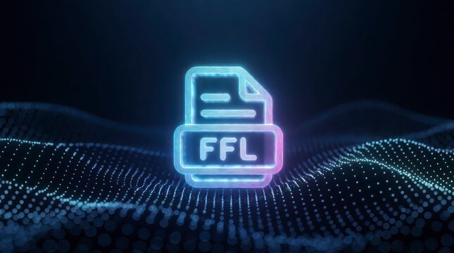 Glowing neon FFL file format icon floating above a digital data particle wave background