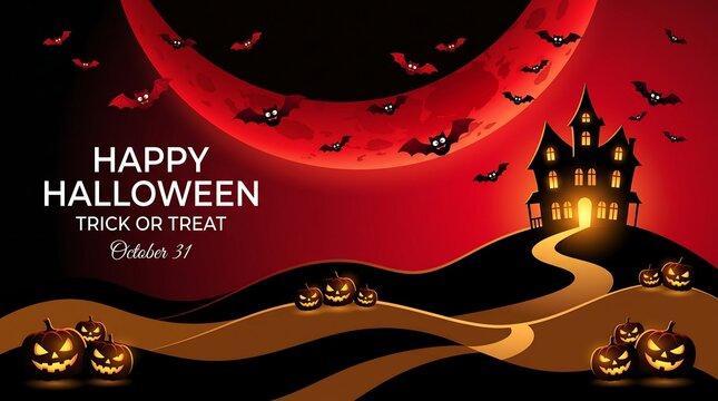 Halloween background with haunted house, glowing pumpkins, bats and red moon