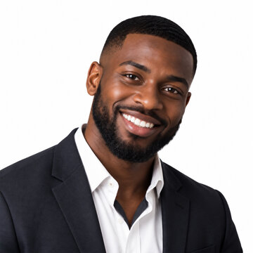Portrait of a young dark-skinned man isolated in a white background with copy space, A charming handsome young man professional profile picture. studio lighting, friendly and confident expression.