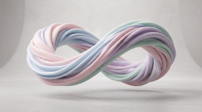 A pastel colored infinity loop sculpture made of soft cloth is presented against a neutral backdrop fabric softness texture abstract