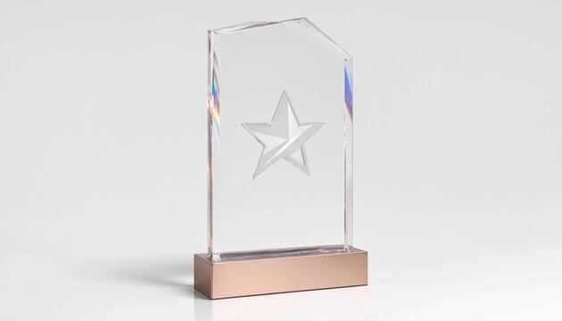 Crystal award trophy with star engraving on rose gold base symbolizing achievement and recognition