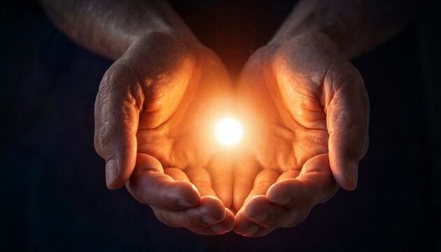 Senior adult hands cupping glowing light sphere symbolizing hope and inner strength in dark setting