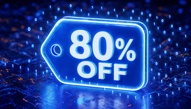 80 percent off digital discount tag glowing on futuristic circuit board background with binary code concept