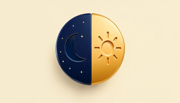 Day and night concept symbol with sun and moon halves on beige background representing time cycle balance