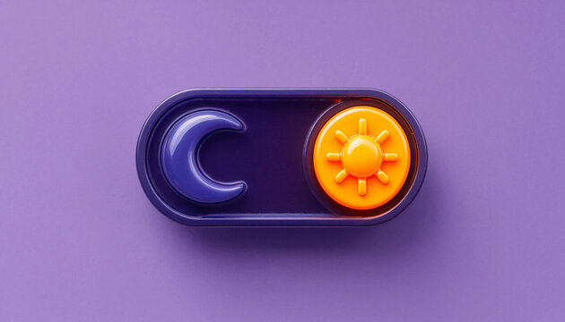 Day and night toggle switch concept with sun and moon symbols on purple background
