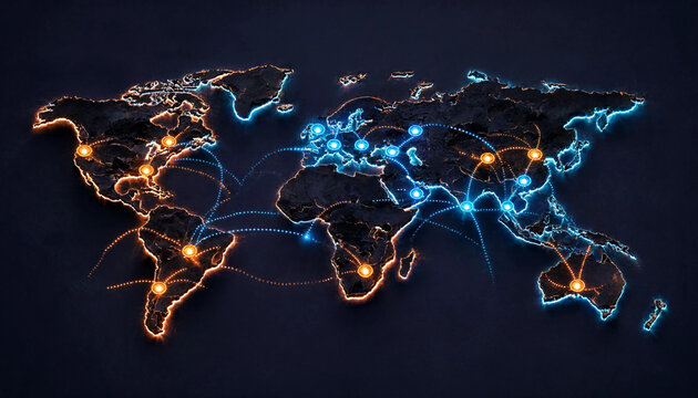 Global network connection concept with glowing world map and illuminated data links across continents