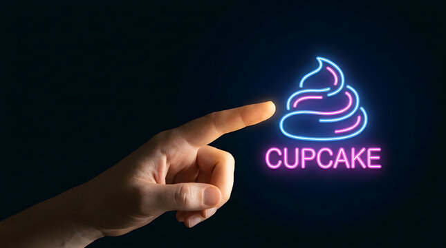 Human finger touching glowing neon cupcake sign against dark background
