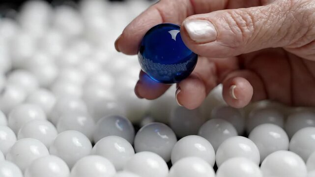Hand Pick Blue Glass Marble Among White Sphere Collection, Creating Contrast, Texture, and Careful Selection in Closeup Scene