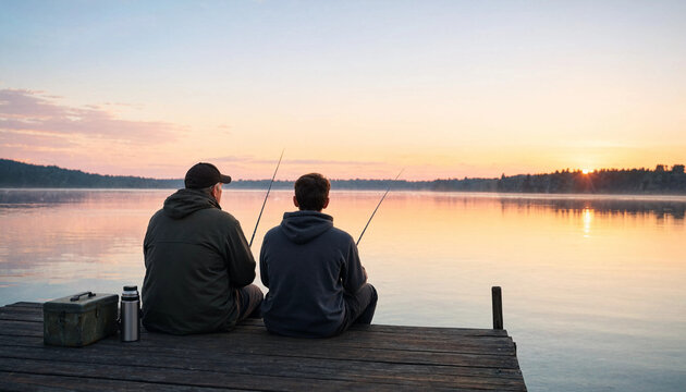 Two people fishing from wooden dock at sunrise with calm lake and forested shoreline