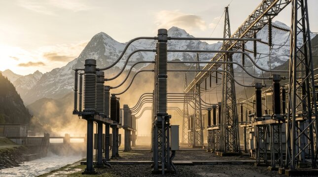 Electrical substation and transmission lines under mountain sky
