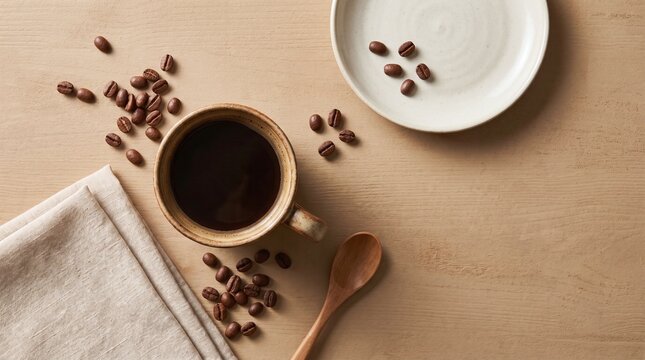 Coffee break: Freshly roasted beans, cup of coffee, spoon and plate