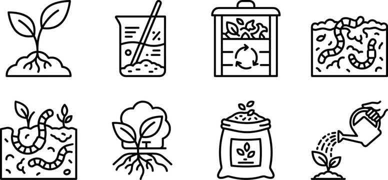 Organic gardening and vermicomposting line icon set with earthworms compost bin soil test beaker fertilizer bag watering can and plant sprout symbols