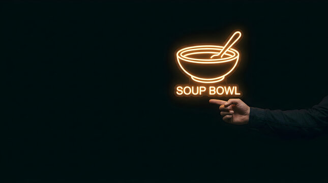 Human hand pointing toward glowing neon soup bowl icon against dark background