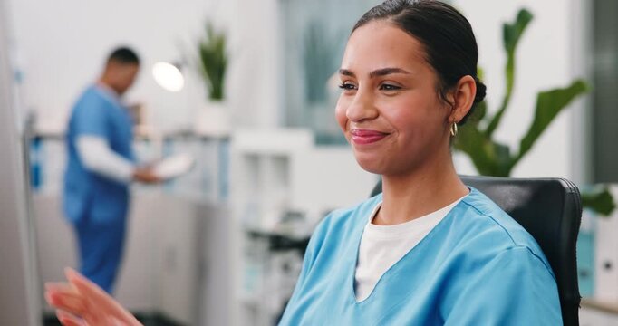 Healthcare, receptionist or nurse on telephone call for appointment booking, schedule or referral. Computer, happy woman or talk to patient in clinic for telehealth, admission update or admin request
