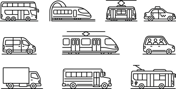 Public transit and city transportation line icon set with bus train tram taxi van cargo truck subway and trolleybus vector symbols