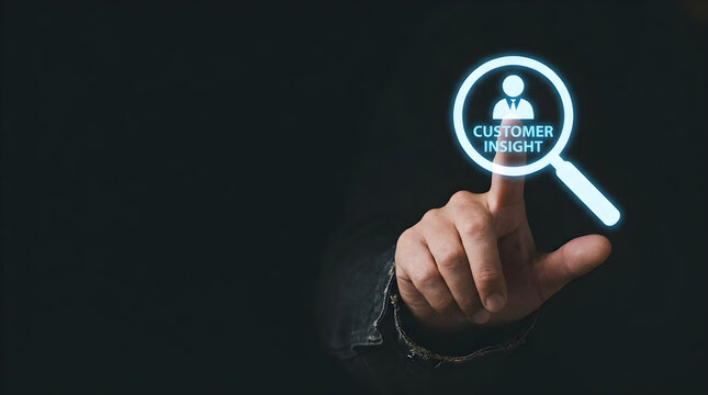 Person touching glowing customer insight magnifying glass icon against dark