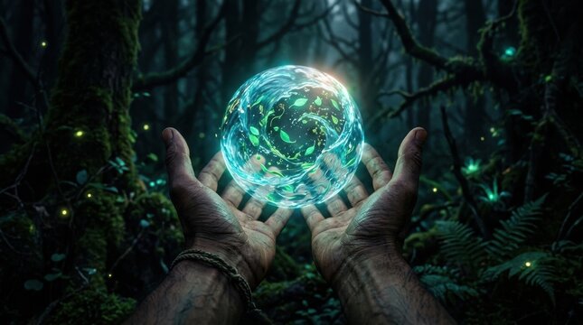 Mystical hands holding a glowing orb of nature