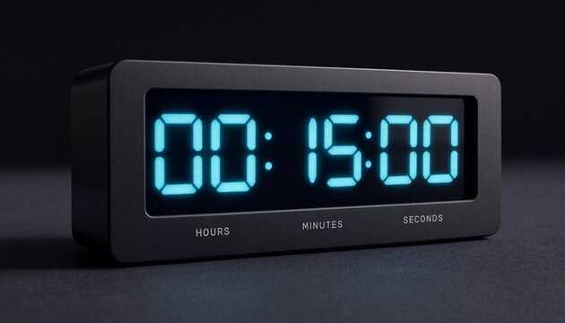Digital timer displaying fifteen minutes on black background for countdown or time management concept