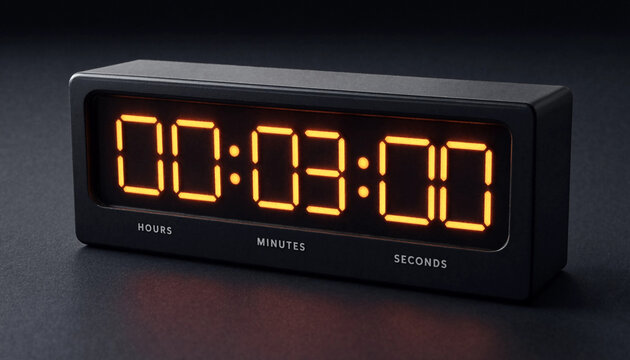 Digital timer displaying three minutes on black device with orange led display for time management concept