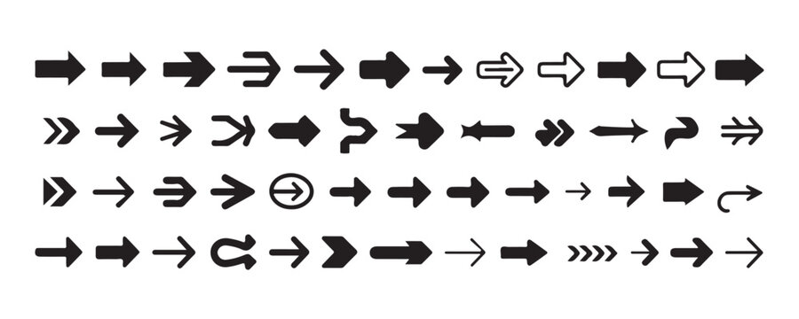 Assorted thin and thick black arrow set for data visualization infographic design and document layout.