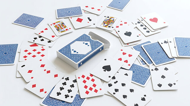 A deck of playing cards is fanned out in a circle around a closed deck, showcasing various suits and numbers on a white surface.