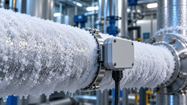 Industrial sensor attached to heavily frosted cooling pipe in plant