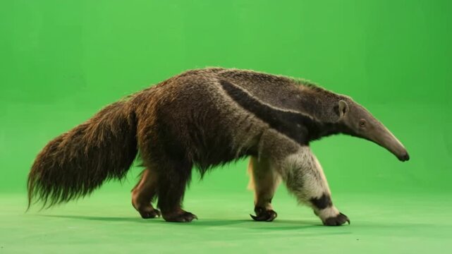 Large Giant Anteater Walking Sideways and Sniffing Floor Isolated on Bright Green Screen Background