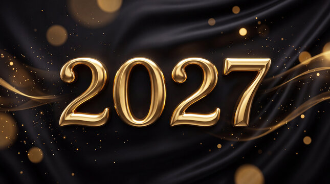 2027 Happy New Year Luxury Banner, 3D Gold 2027 Typography in Bl