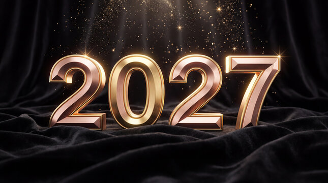 2027 Happy New Year Luxury Banner, 3D Gold 2027 Typography in Bl