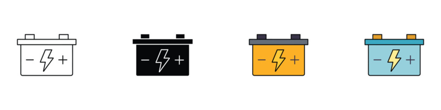 Car battery icons set vector illustration. Auto accumulator charge status symbols with lightning bolt in line art, silhouette, and colored flat styles isolated on white background.