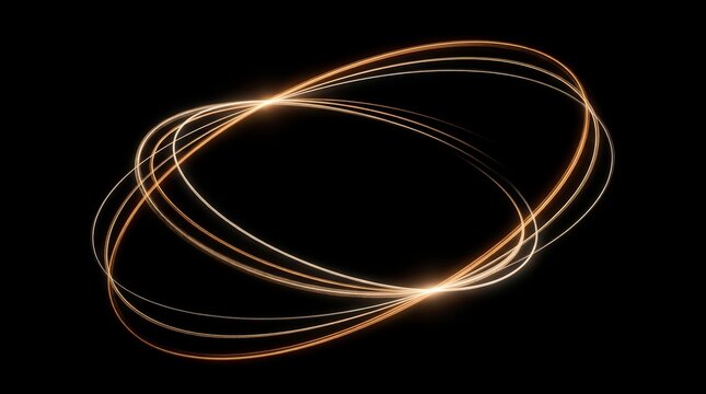 Interlocked glowing golden light rings with lens flare on black background light trails interlocked circles