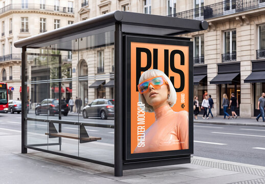 Bus Shelter Advertising Poster Mockup in City Street