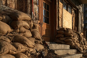 Obraz premium Sandbags piled up in front of a building, providing defense during an urban war
