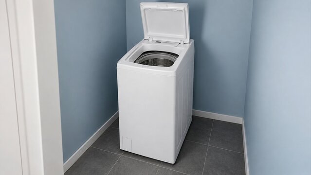White top loading washing machine with open lid and metal drum in blue laundry room