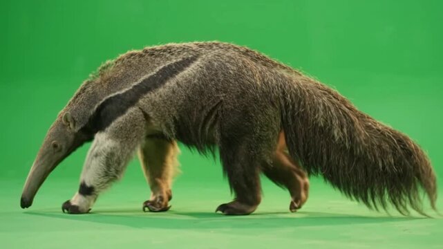Giant Anteater Foraging and Following Scent Trail While Walking on Bright Green Screen Background