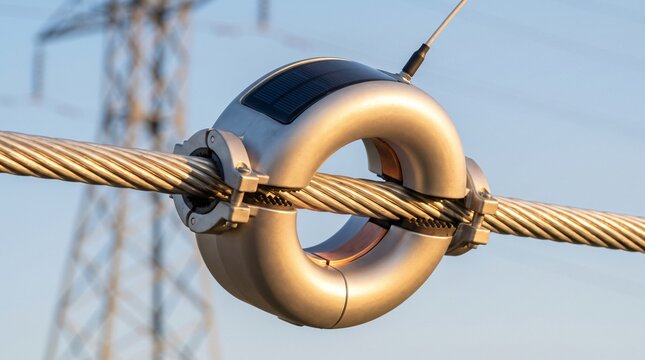 Commercial industrial photograph of clamp on toroidal dynamic line rating dlr smart grid sensor pod mounted on high voltage power transmission line conductor for real time utility capacity monitoring