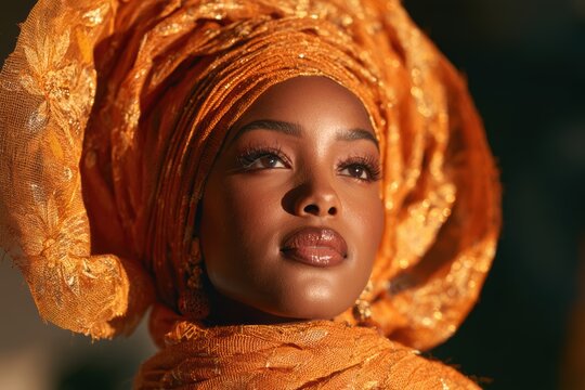 Black woman showcasing nigerian traditional fashion with an orange gele and golden details