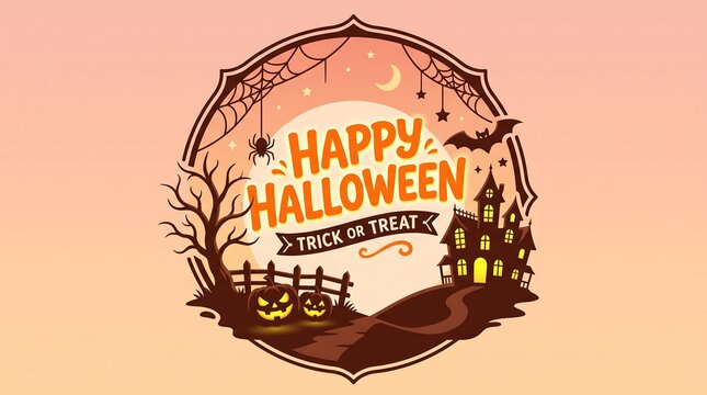 Happy halloween badge with haunted house, pumpkins, spider web, and bats on a circular frame with a soft gradient background