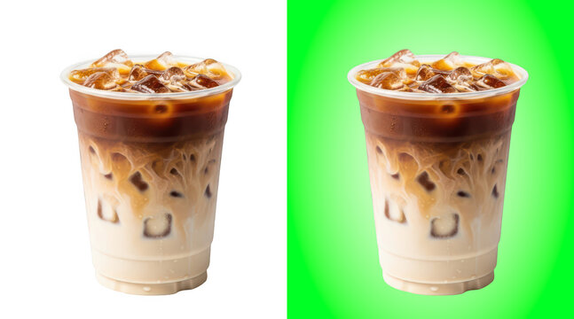 Iced coffee drink with ice cubes in clear plastic cup