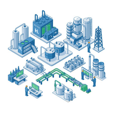 Corporate Isometric of Modern Industrial Facility with Blue Tones Pipes Tanks and Digital Control Systems