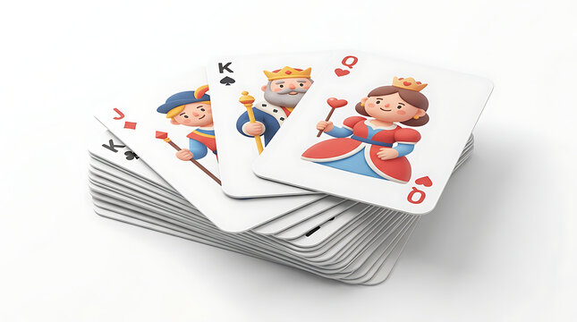 Stack of playing cards with cartoon-style Jack, King, and Queen fanned out on a white background, depicting a royal flush.