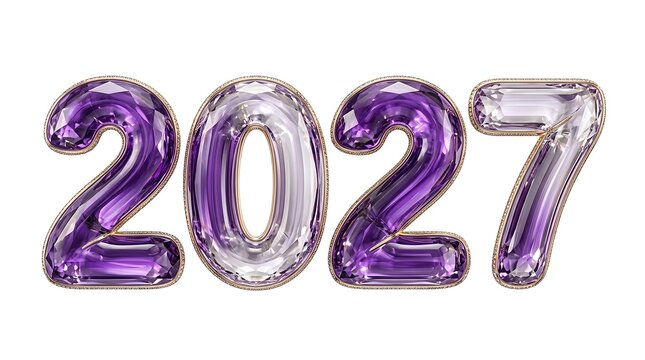 Shiny purple and silver foil balloons spelling out the year two thousand twenty seven