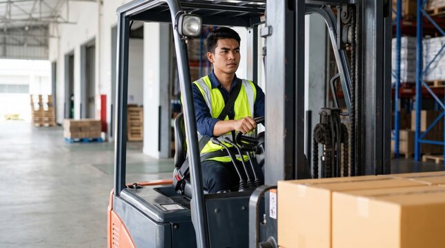 Focused warehouse driver steers a forklift beside boxed freight, guiding a loaded pallet through an open dispatch lane while maintaining clear visibility across an active industrial storage floor.