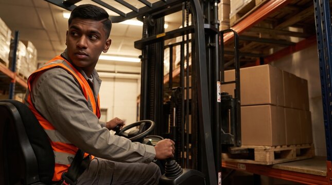 Alert warehouse driver monitors the aisle while maneuvering a forklift next to palletized boxes, balancing steering and lift control inside a warmly lit storage rack corridor during freight movement.