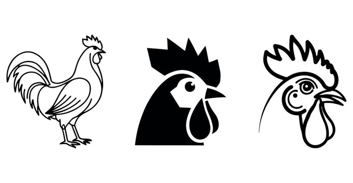 Collection of stylized rooster and chicken head illustrations in black and white.