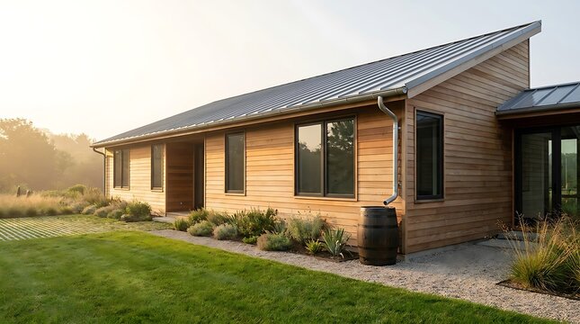 Modern house with wood siding and metal roof exterior design in a green backyard landscape setting. rain barrel setup
