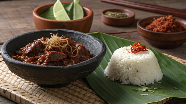 Photorealistic Indonesian rendang table scene with tender spiced beef toasted coconut fried shallots and pandan rice in earthenware