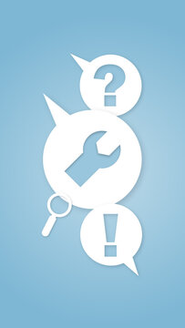 FAQ graphic on blue background featuring question mark, wrench, exclamation mark, and magnifying glass symbols for customer support and troubleshooting assistance.