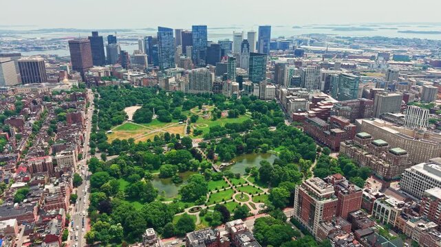 Aerial view of Boston Common and Public Garden with the city skyline