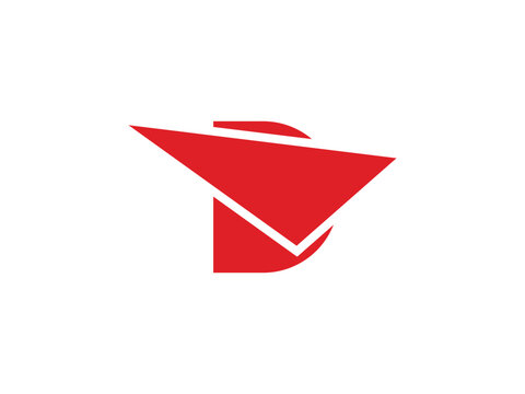 Minimalist red letter D logo with paper airplane and checkmark for travel and delivery identity